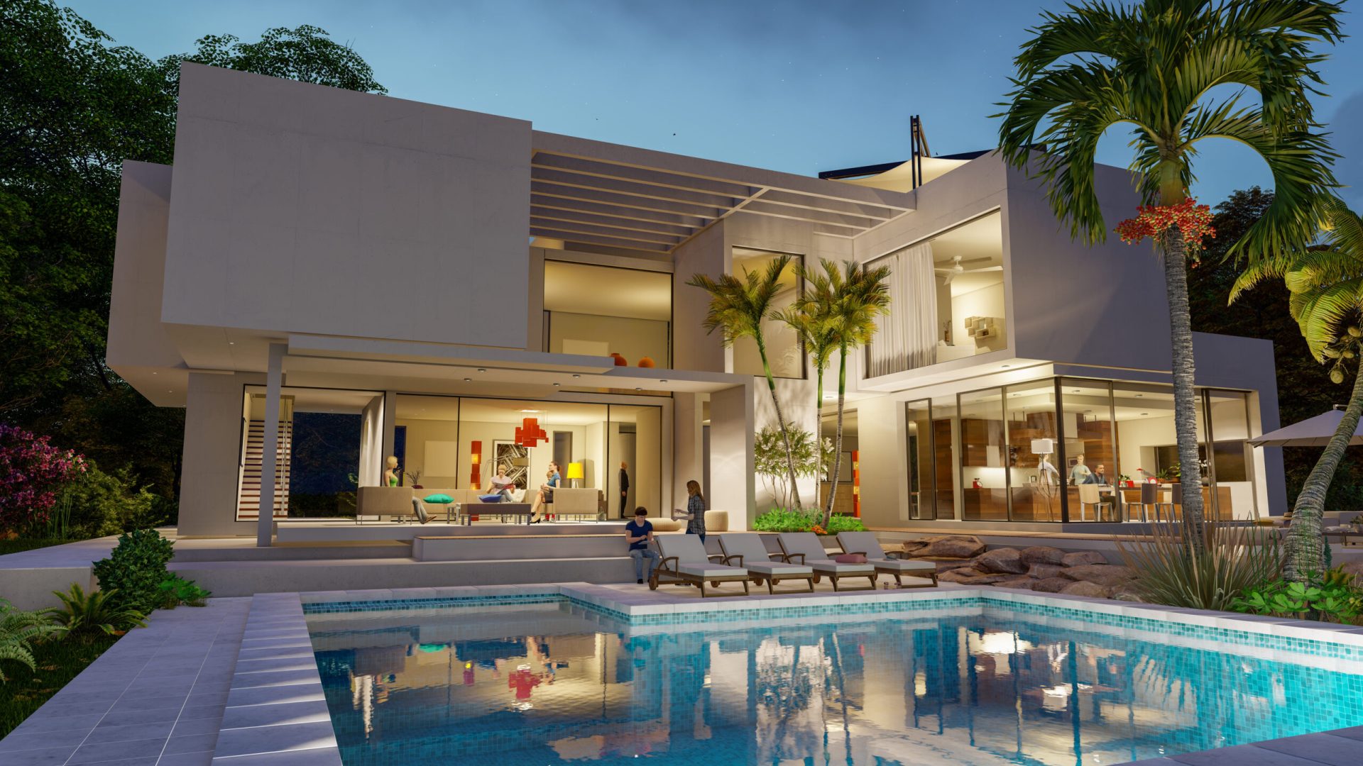 luxury modern villa with pool at dusk